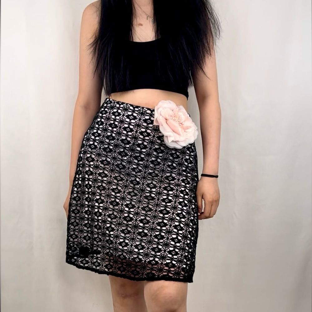Trina Turk Black Lace Mini Skirt with Flower Brooch